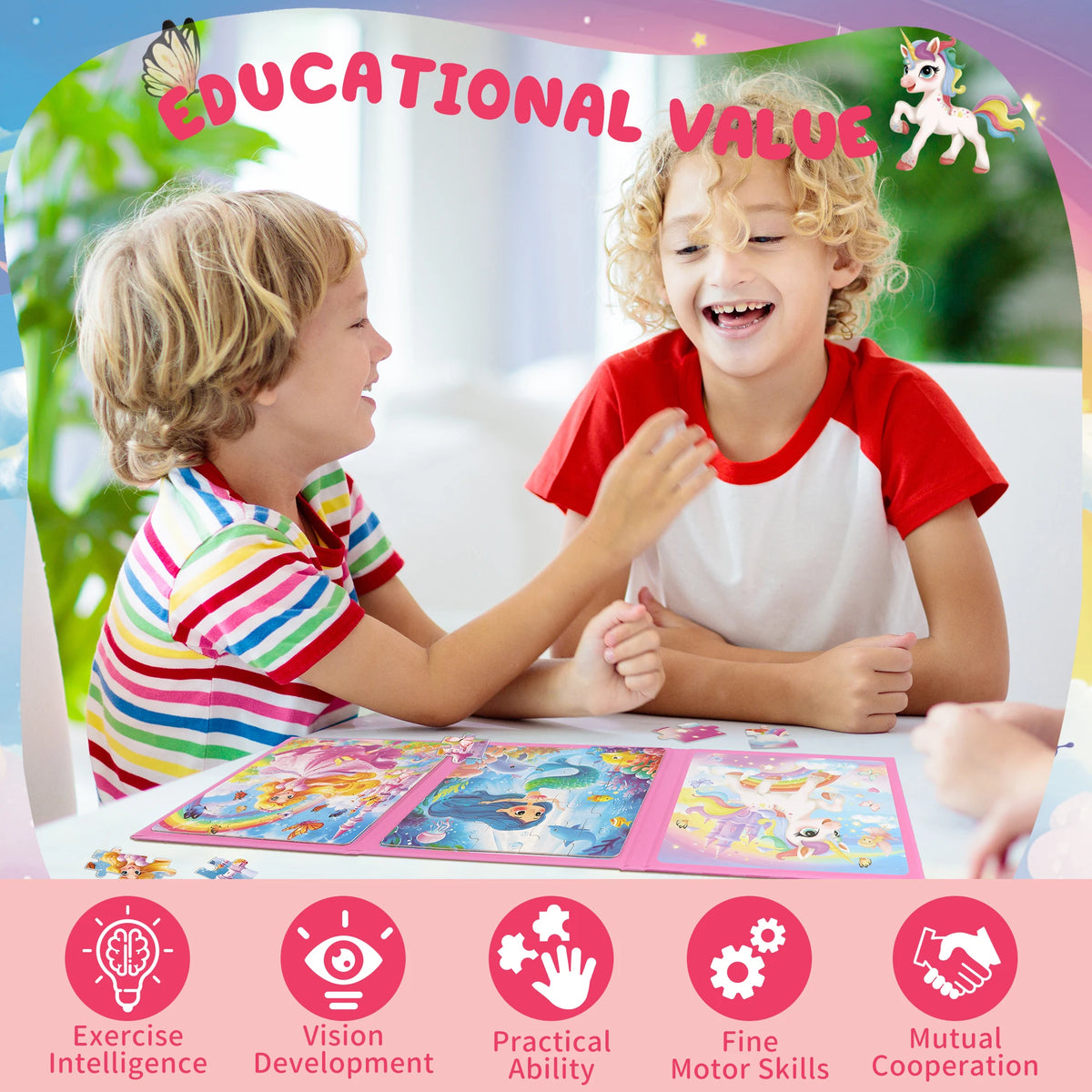 A young boy and girl are interacting with a colorful magnetic puzzle featuring unicorn and mermaid princesses.