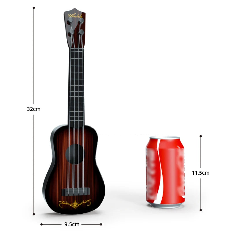 A wooden ukulele toy guitar with a pick shown next to a can for scale.