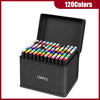 A black box containing 120 alcohol markers with various vivid colors, displayed in an open presentation.