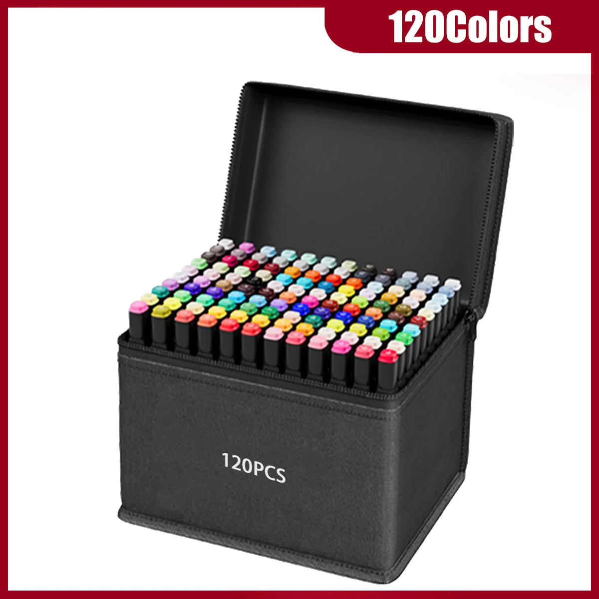 A black box containing 120 alcohol markers with various vivid colors, displayed in an open presentation.