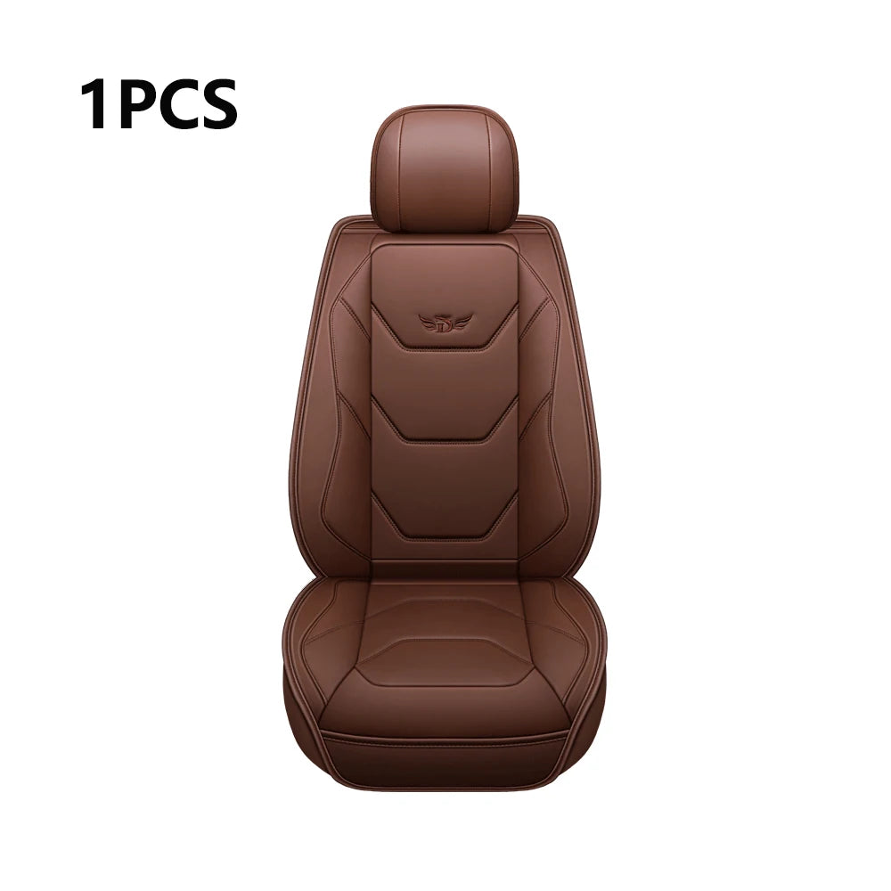 A single brown leather car seat cover with a headrest and seat cushion.
