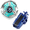 A Beyblade starter set featuring a silver launcher and a turquoise spinning top with a phoenix wing design.