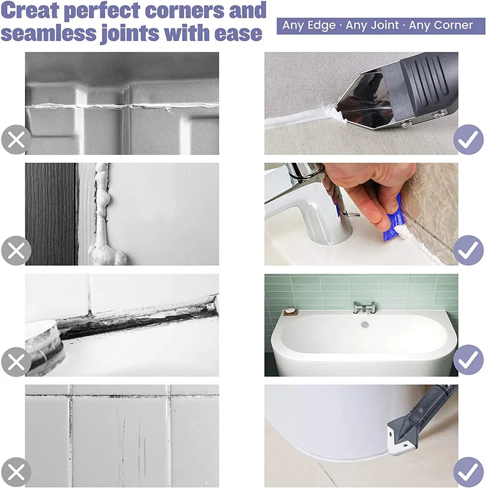 A set of multi-purpose caulking and sealing tools used for creating perfect corners and seamless joints.