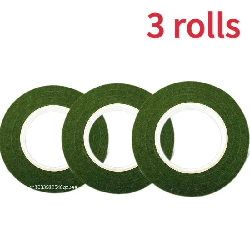 Three rolls of self-adhesive green floral tape for bouquets and DIY flower arrangements