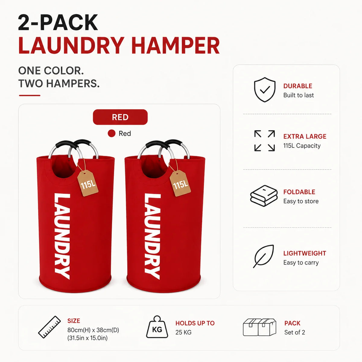 A set of two red extra large foldable laundry hampers with padded handles.