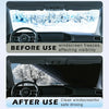 Before and after images showing a magnetic windshield cover protecting the windshield from ice and snow.