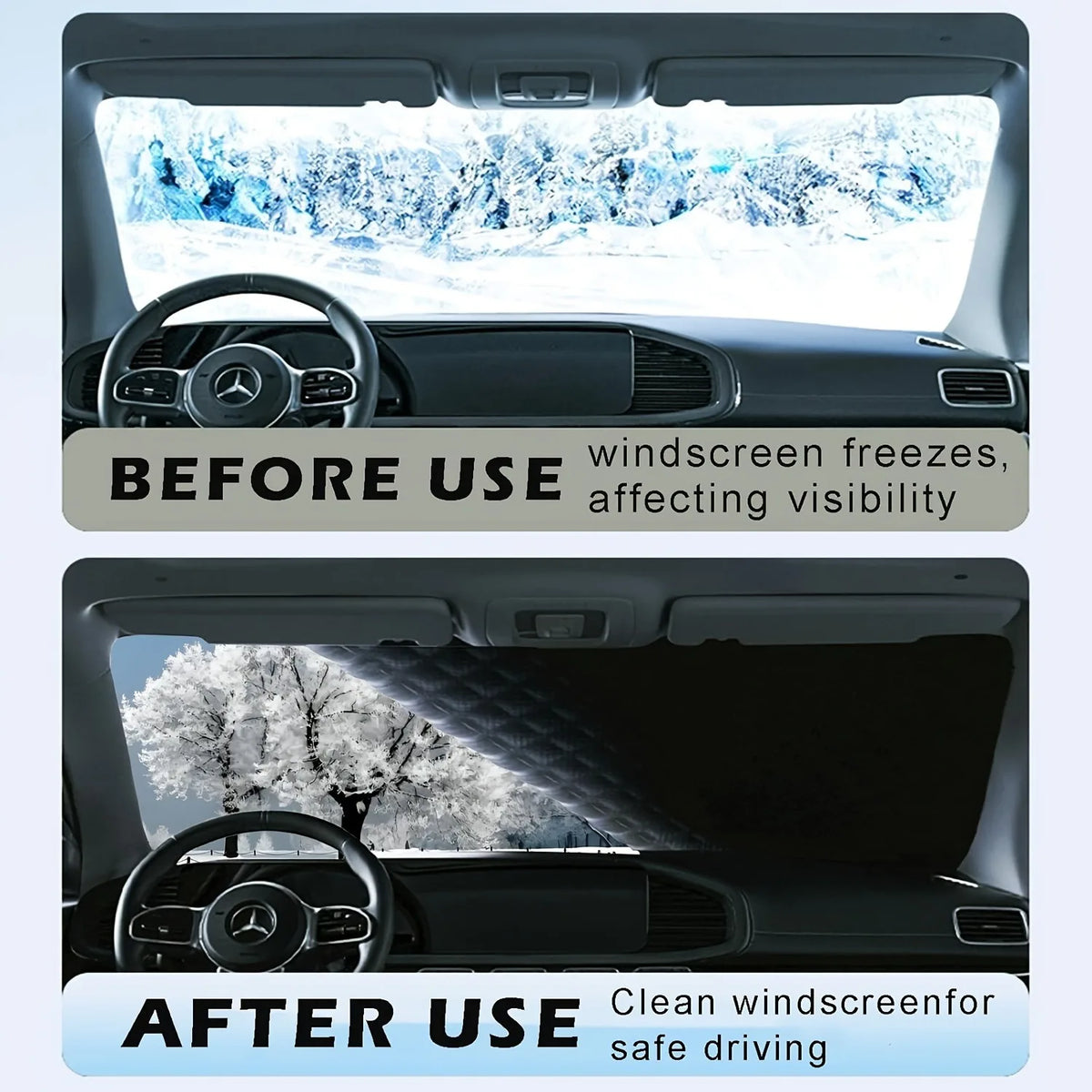 Before and after images showing a magnetic windshield cover protecting the windshield from ice and snow.