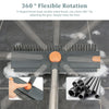 A gray scrub brush with a V-shaped brush head and squeegee is shown cleaning a floor, demonstrating 360 degree flexible rotat