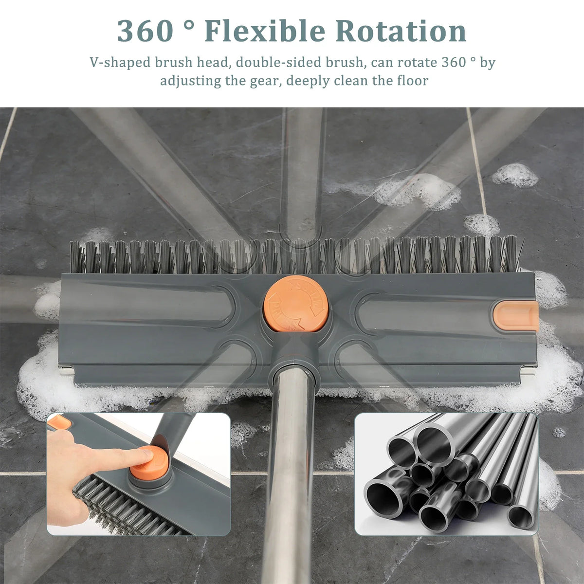 A gray scrub brush with a V-shaped brush head and squeegee is shown cleaning a floor, demonstrating 360 degree flexible rotat