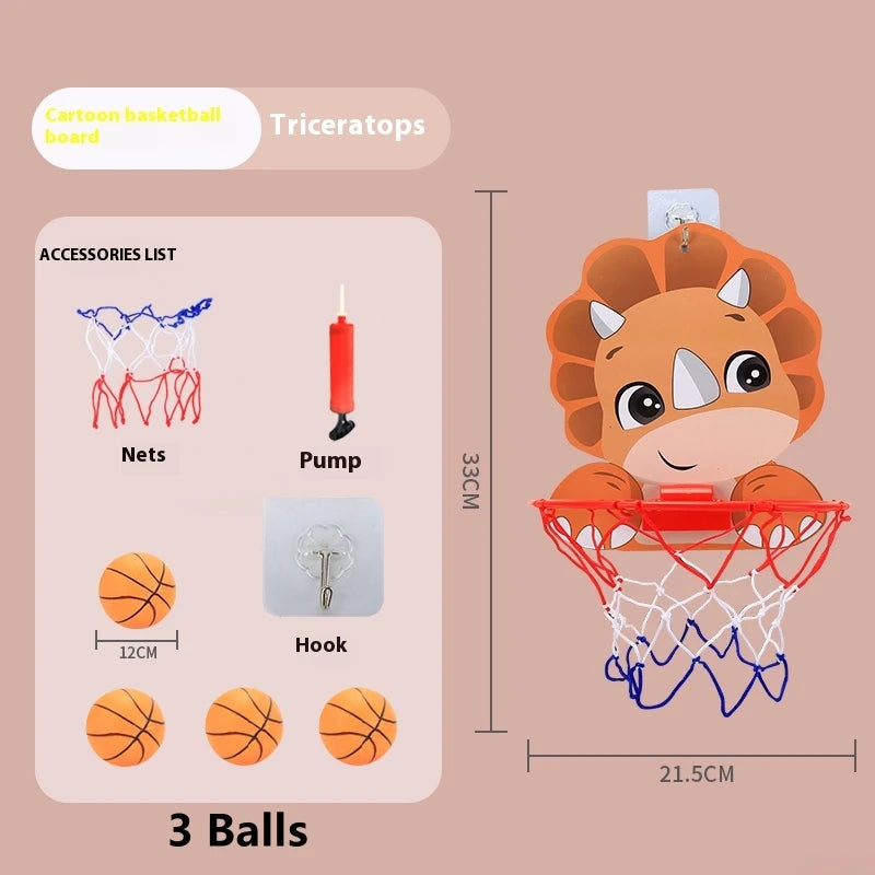 A cartoon-themed basketball hoop set including a board, nets, pump, hook, and three orange balls.