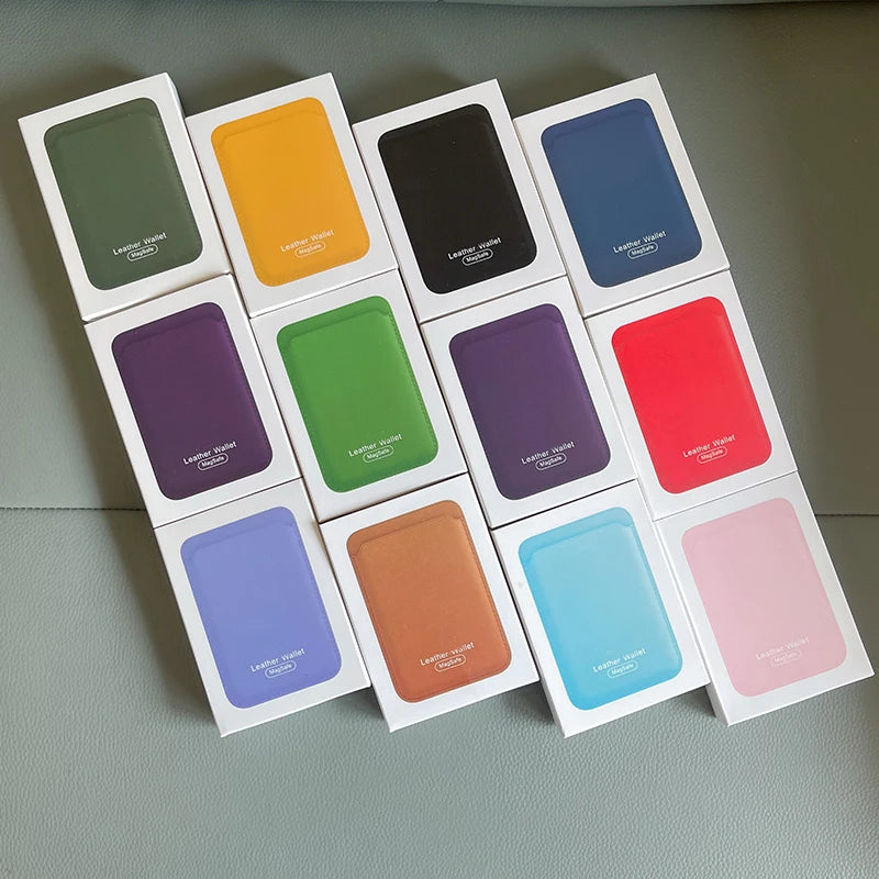 A collection of sixteen leather wallet cases in various colors arranged in a grid.