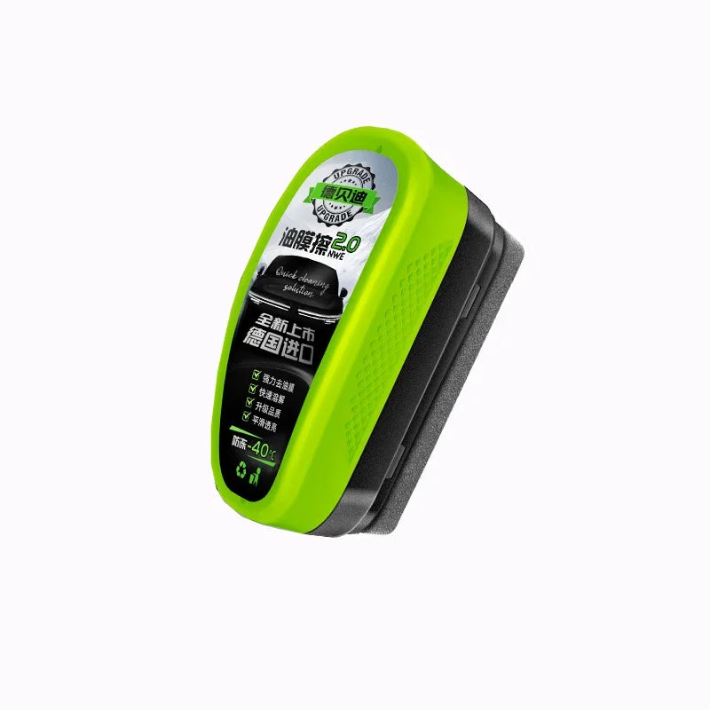 A lime green glass oil film remover tool with a brush applicator for cleaning car windshields.