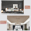 A modern living room decorated with dark vertical slat walls and a beige sofa.