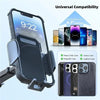 A black 360° rotating car phone mount with suction cup and air vent clips shown next to various mobile phones.