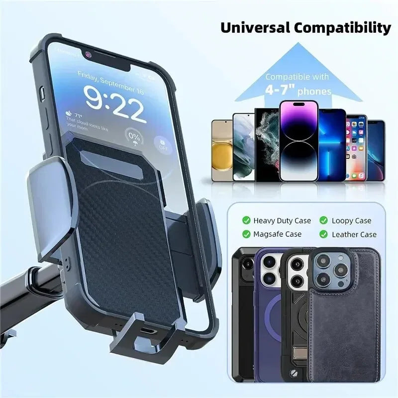 A black 360° rotating car phone mount with suction cup and air vent clips shown next to various mobile phones.