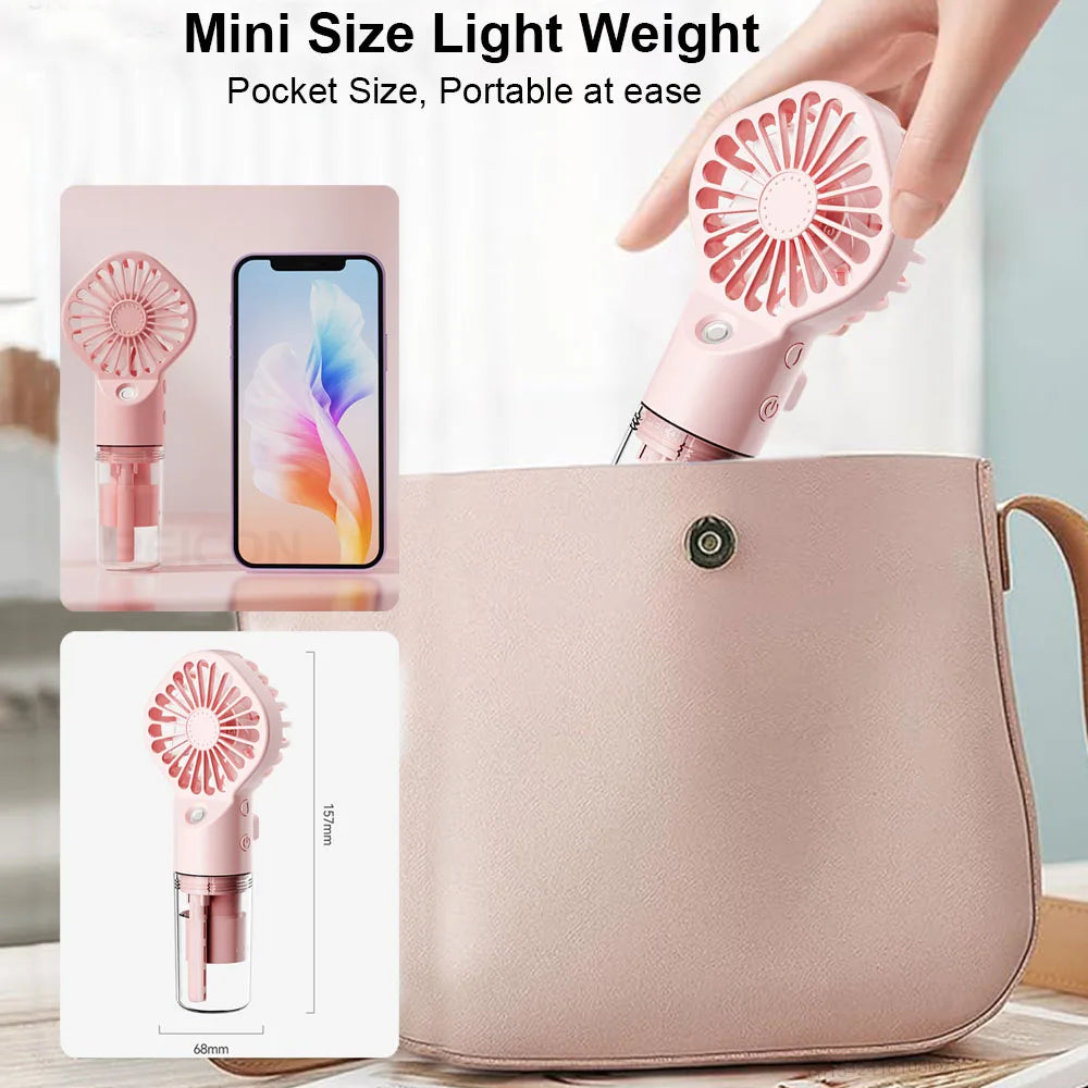 A pink portable mist fan is shown being held, next to a light pink pouch, demonstrating its mini size and portability.