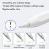 Pluma stylus blanca de precisión mostrada en varios ángulos, demostrando características como sin retraso, alta respuesta y c