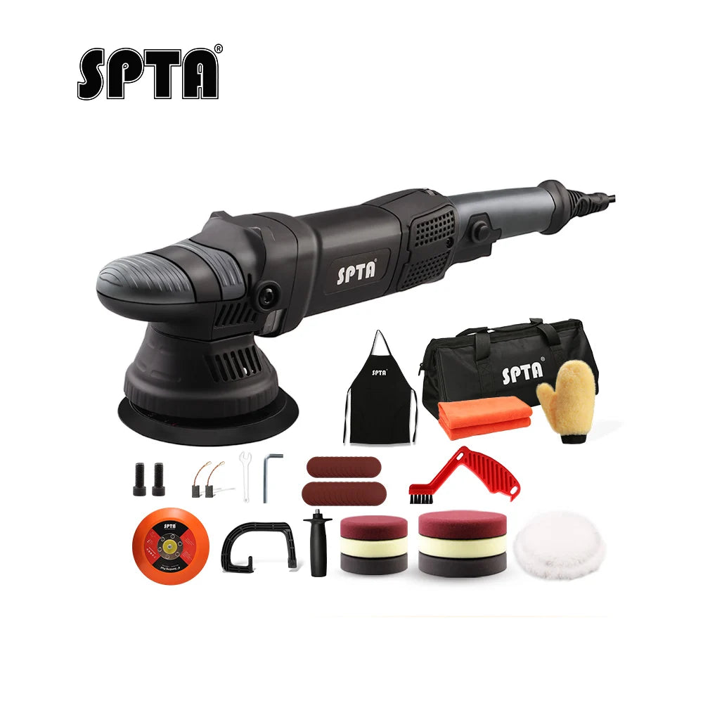 A black SPTA dual action polisher with various accessories including orbit tools and pads for car detailing.