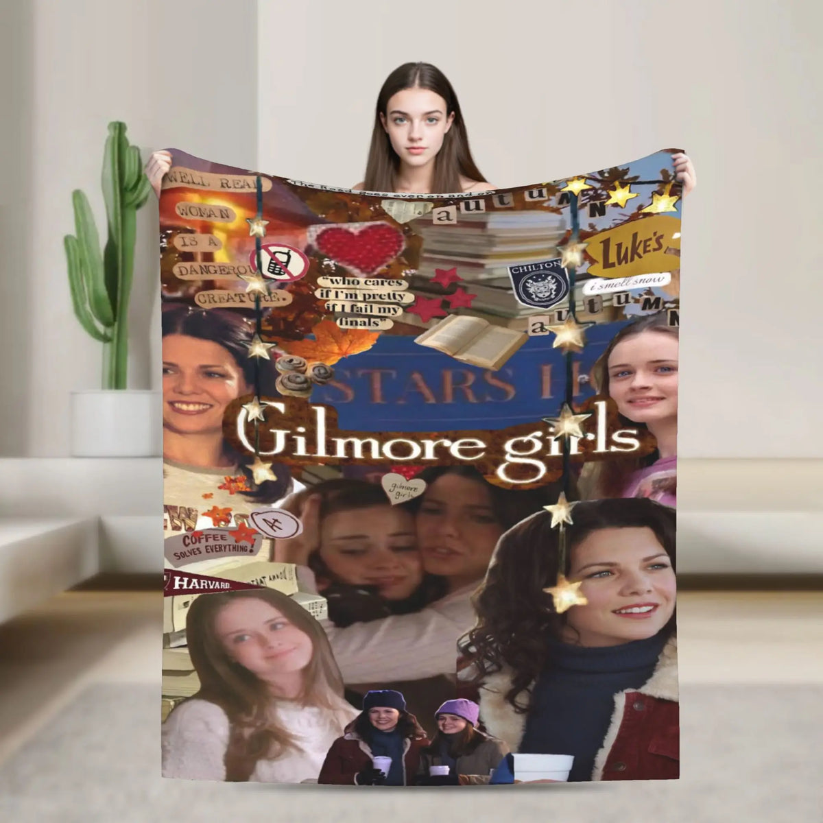 A colorful throw blanket featuring portraits of Gilmore Girls characters and text.