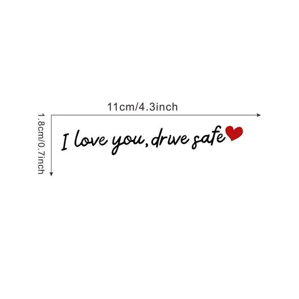 A measurement guide showing the dimensions of a Heartfelt I Love You Drive Safe car mirror decal.