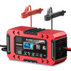 Cargador de batería inteligente Foxsur 12V rojo y negro con dos sondas de carga.