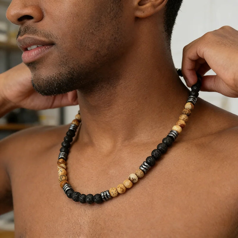Tiger's Eye & Lava Stone Beaded Necklace
