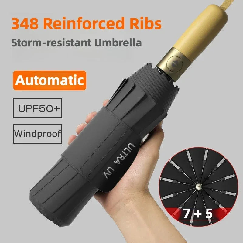 A hand holds a black storm-resistant umbrella with a gold handle, showing its automatic folding mechanism.