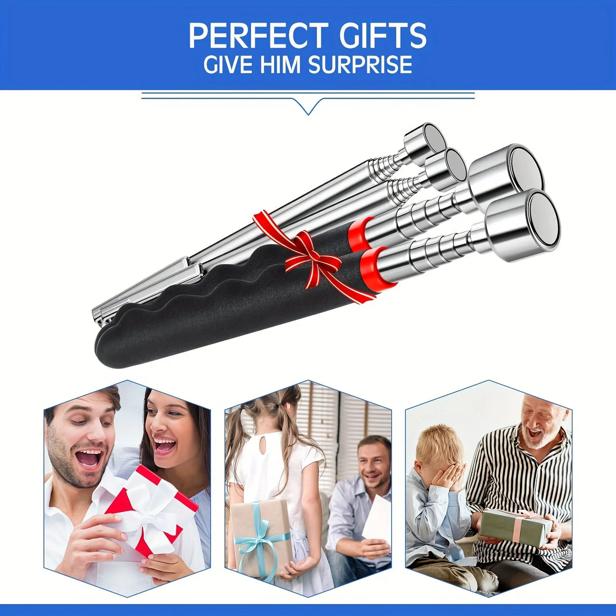 A set of telescopic magnet pickup tools with LED lights shown in various contexts for surprise gifts.