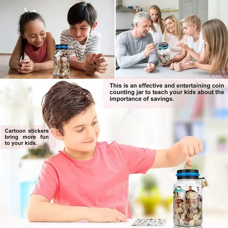 A boy is shown using a digital coin counting piggy bank to teach his kids about savings.