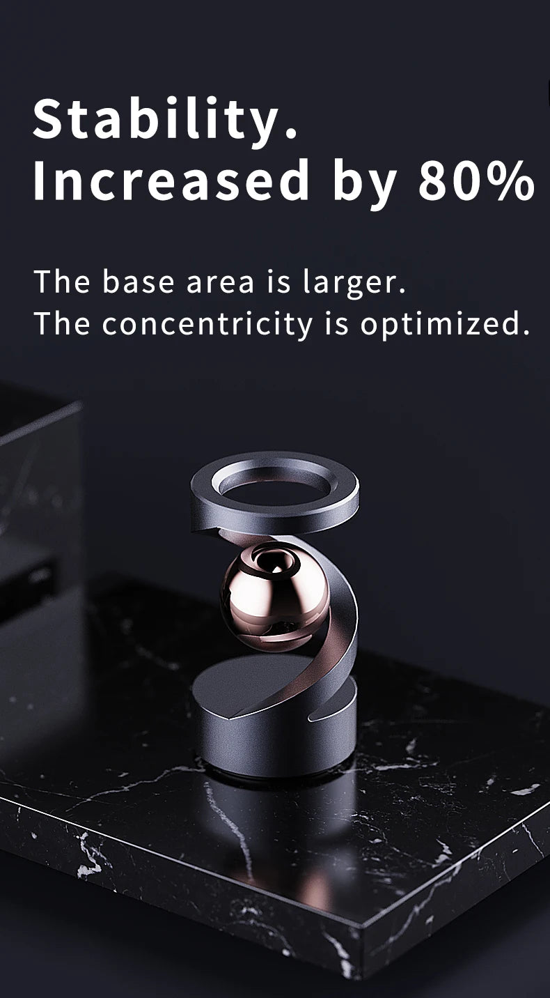 A metallic spinning top levitating on a dark marble surface, demonstrating stability and increased concentration.