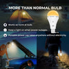 A white LED light bulb with a remote is shown next to a tent and a person using it outdoors.