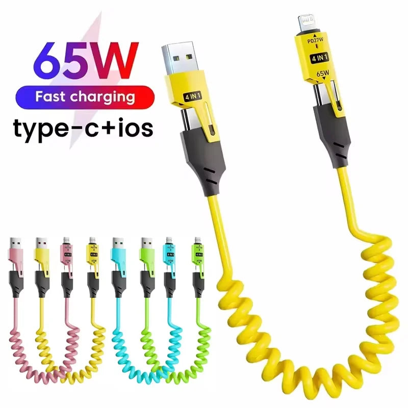 A yellow 4-in-1 retractable fast charging cable featuring USB-C and Lightning connectors for 65W power.