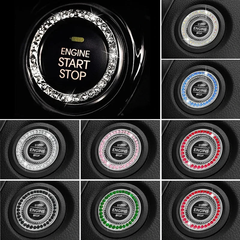 Close-up view of various crystal rhinestone engine start/stop button covers in different colors.