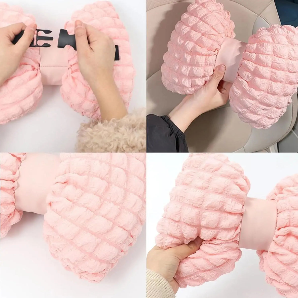 Pink bowknot car neck pillow with lumbar support shown in various close-up angles.