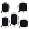Black heavy-duty grill cover with various sizes shown on a metal stand.