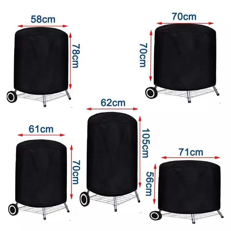 Black heavy-duty grill cover with various sizes shown on a metal stand.