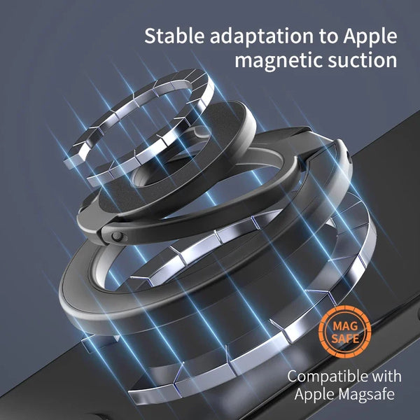 Silberne magnetische Handy-Griffe mit blauem Licht, das stabile Anpassung an die Apple-Magnetansaugung anzeigt