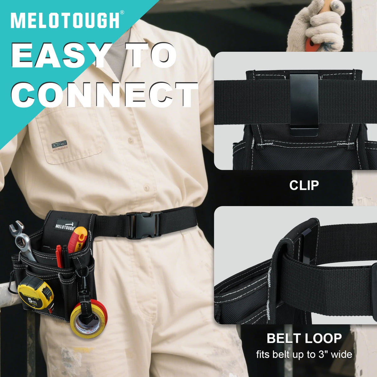 A close-up of a Melotough easy-to-connect tool belt being worn by a person, showing the clip and belt loop features.