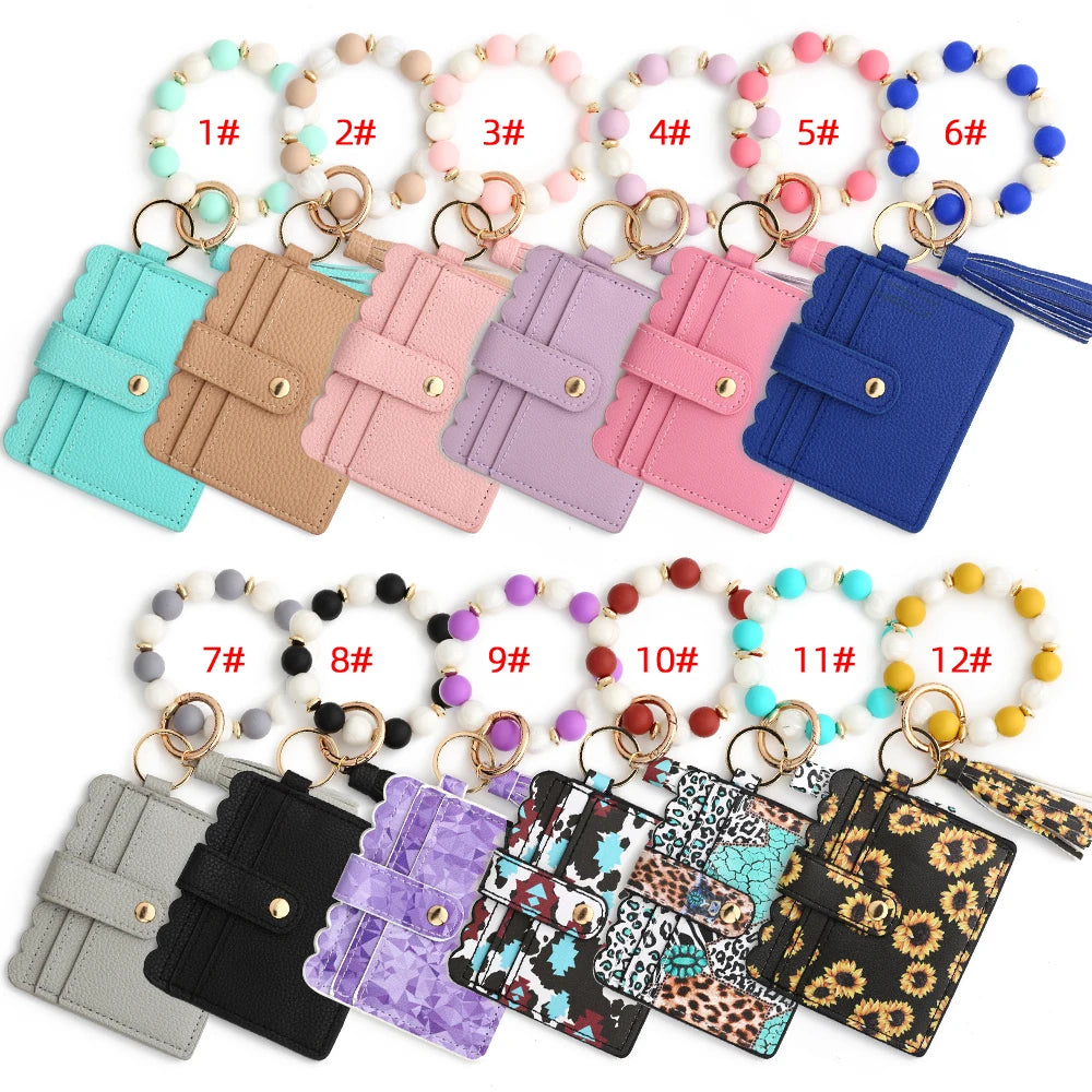 Silicone Bead Bracelet with Leather Card Holder and Tassel