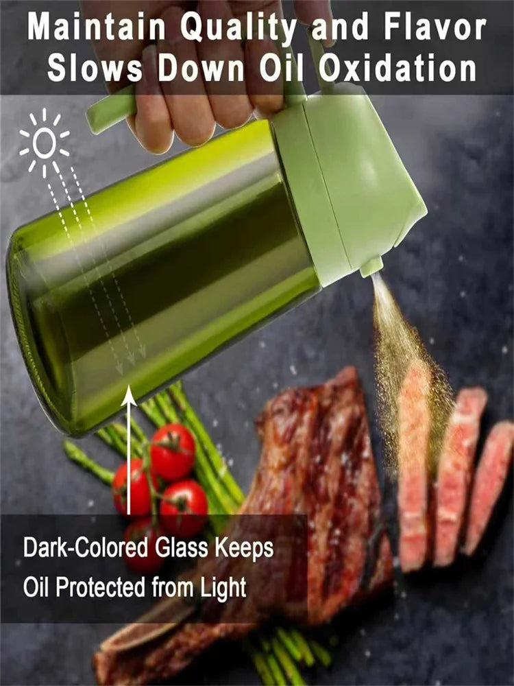 A hand is dispensing olive oil from a dark green glass bottle, which helps slow down oil oxidation.
