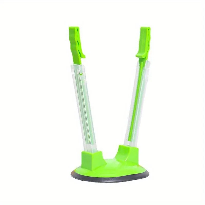 A bright lime green adjustable bag holder rack for kitchen storage and drying.