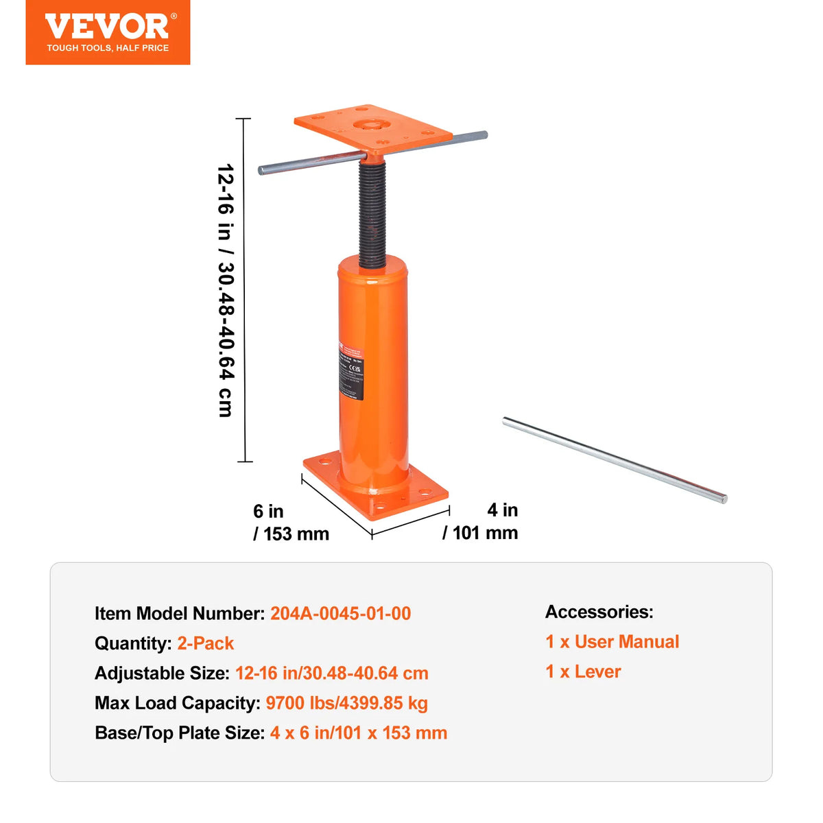 Orange adjustable steel floor jack with a base plate and lever for beam support