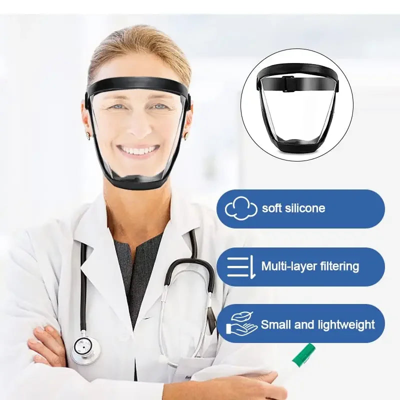 A woman wearing a clear protective face mask with an anti-fog shield and silicone seal, shown alongside features like multi-l