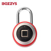 A silver padlock with a black fingerprint pad and a red casing.