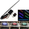 A long RGB LED light strip with a remote control is shown alongside several examples of its installation on a car's front gri