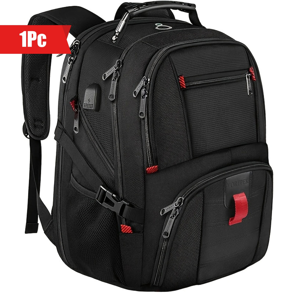 Black travel backpack with multiple compartments and a USB port for laptops