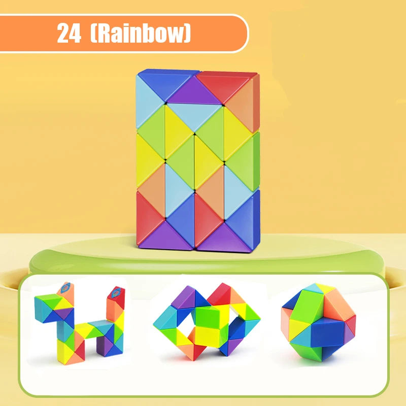 A colorful, translucent puzzle toy with 24 geometric shapes in rainbow colors is displayed on a light green surface.