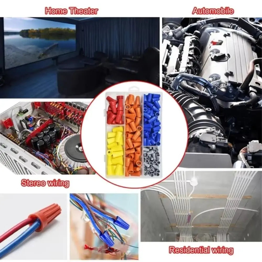 Various color-coded twist-on wire connectors and components for home theater, automobile, and residential wiring.