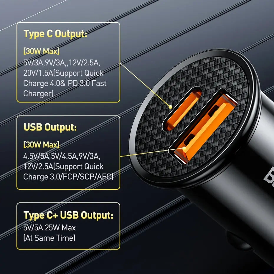 Close-up view of a black USB-C car charger showing various output options and ports.