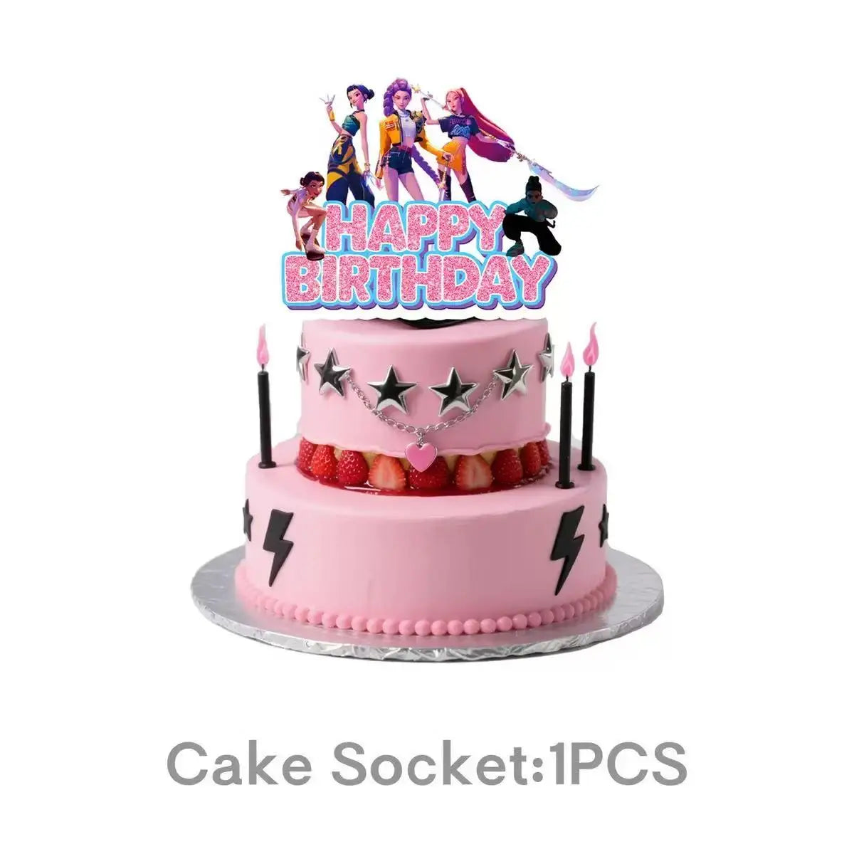 A pink birthday cake decorated with K-Pop themed figurines and a banner on top.